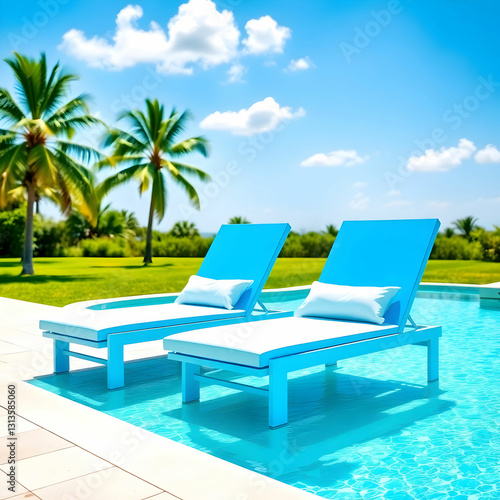 Blue Sun Loungers On Swimming Pool