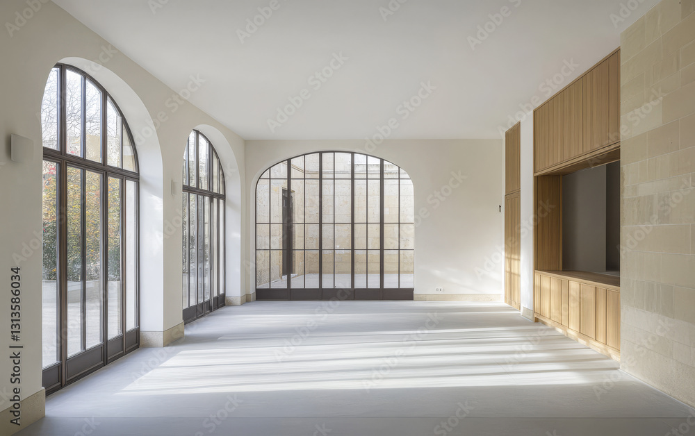 Fototapeta premium Bright modern interior with large windows and minimalist design in afternoon light