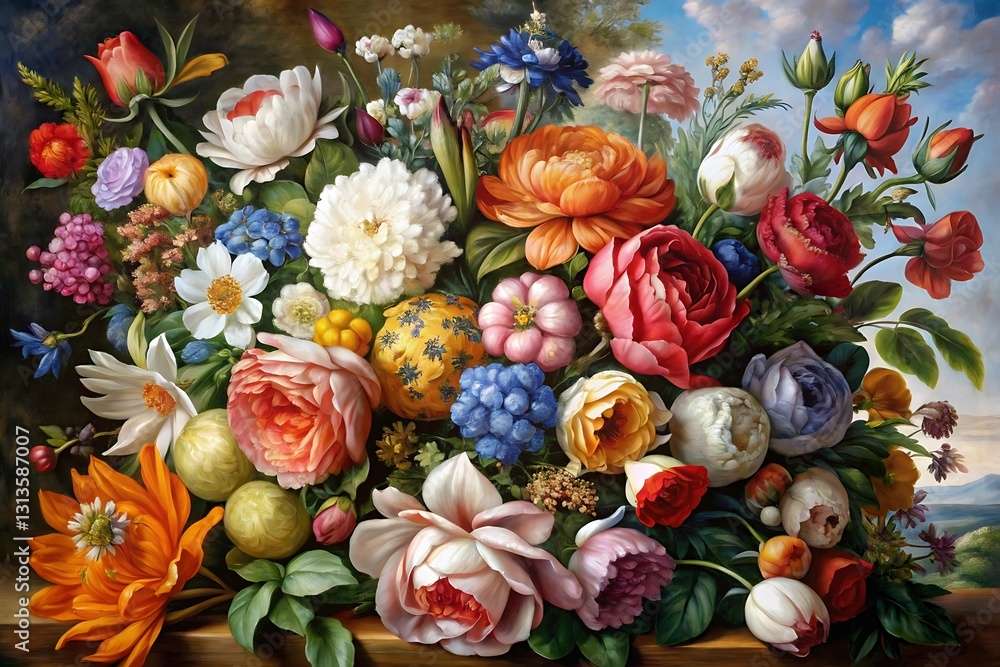 Painting of a bouquet of flowers with a variety of colors Painting of a bouquet of flowers with a variety of colors