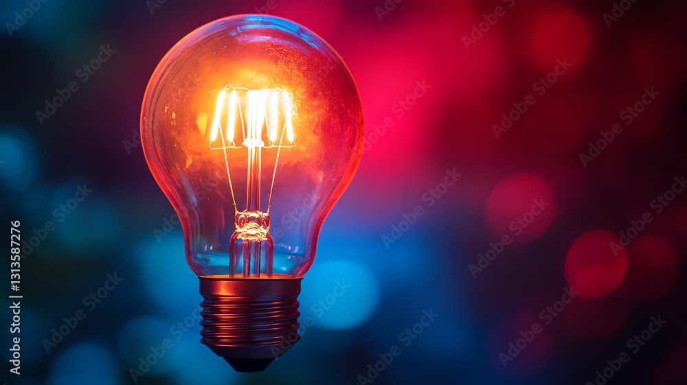 A glowing, illuminated light bulb against a bold red and blue background, with its warm glow contrasting sharply against the cool, vibrant colors behind it A glowing, illuminated light bulb against a bold red and blue background, with its warm glow contrasting sharply against the cool, vibrant colors behind it
