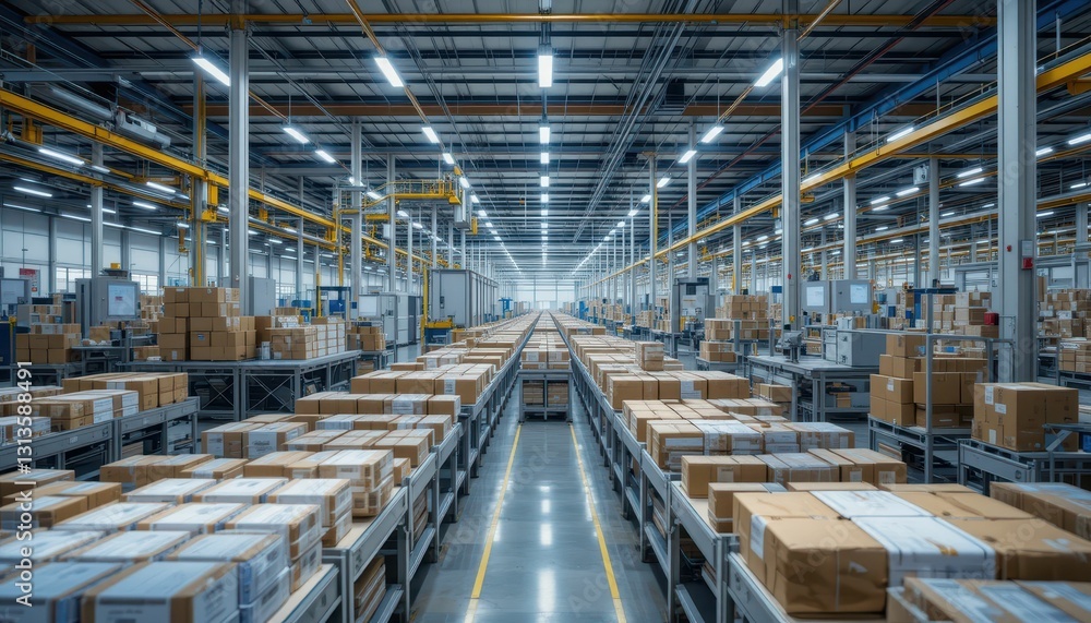 Vast Interior of a Modern Warehouse with Neatly Stacked Packages Vast Interior of a Modern Warehouse with Neatly Stacked Packages