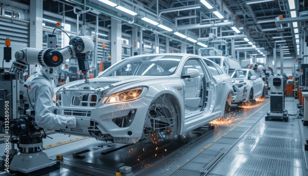 Robotic Arm in Automotive Manufacturing Assembly Line Process Robotic Arm in Automotive Manufacturing Assembly Line Process