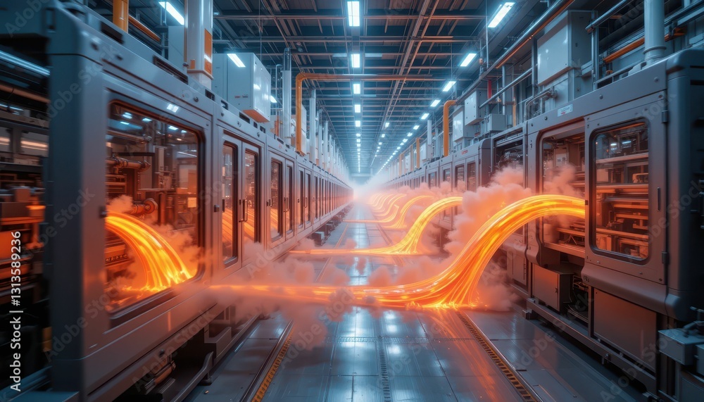 Industrial Manufacturing Scene with Flowing Liquid in Factory Setting Industrial Manufacturing Scene with Flowing Liquid in Factory Setting