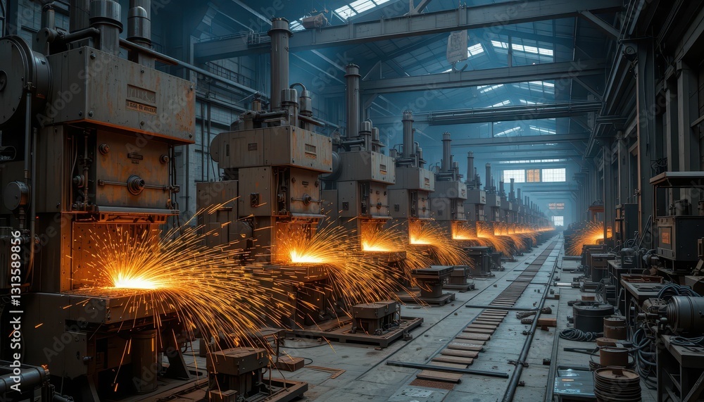 Industrial Workshop with Sparks Flying from Forging Machines Industrial Workshop with Sparks Flying from Forging Machines