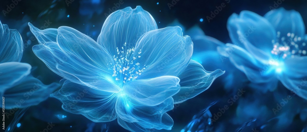 Ethereal Blue Flowers with a Soft Glow in a Dreamlike Environment, Radiating Light and Beauty Amidst a Dark Background Ethereal Blue Flowers with a Soft Glow in a Dreamlike Environment, Radiating Light and Beauty Amidst a Dark Background