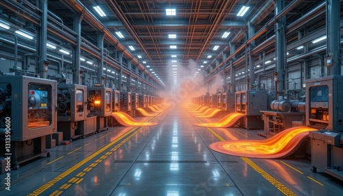 High-Tech Manufacturing Facility with Flowing Metal and Machinery