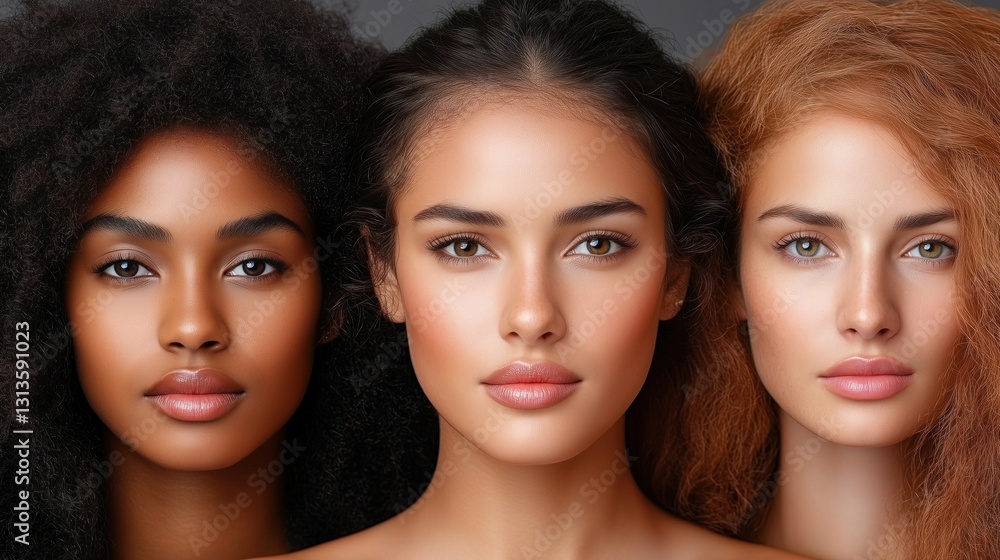 Three women with distinct hair textures and skin tones are posing closely together, highlighting diversity and beauty against a neutral backdrop. Their expressions convey confidence and poise Three women with distinct hair textures and skin tones are posing closely together, highlighting diversity and beauty against a neutral backdrop. Their expressions convey confidence and poise