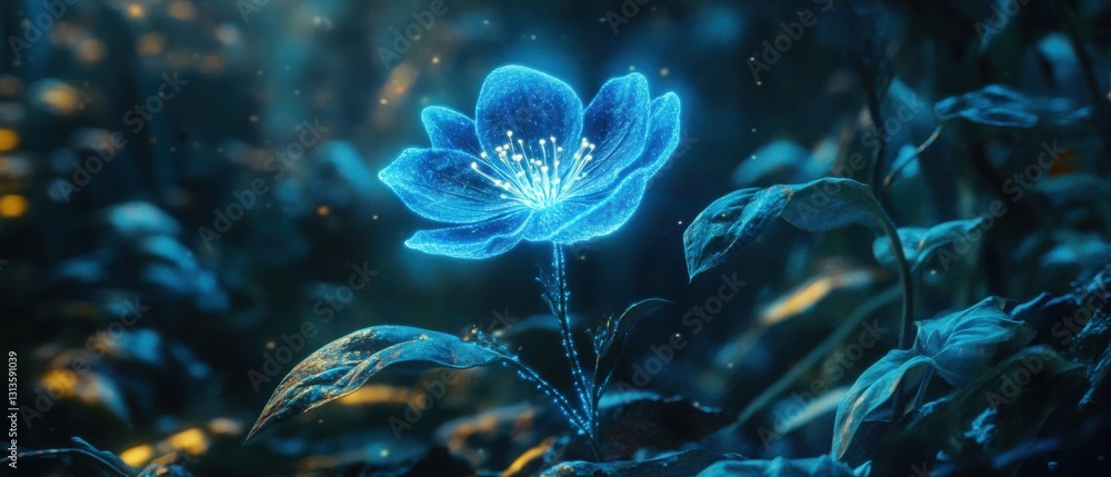 Enchanted blue flower glowing softly in a mystical forest environment illuminated by gentle light and surrounded by lush foliage and sparkling particles Enchanted blue flower glowing softly in a mystical forest environment illuminated by gentle light and surrounded by lush foliage and sparkling particles