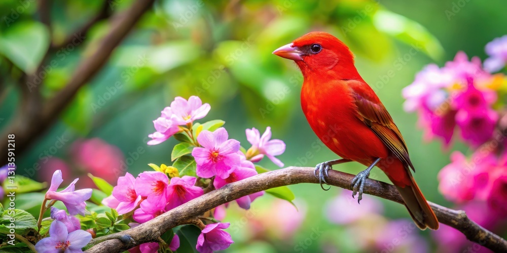 A bright red bird perches on a sturdy tree branch with lush green leaves and vibrant flowers in the background , wildlife A bright red bird perches on a sturdy tree branch with lush green leaves and vibrant flowers in the background , wildlife