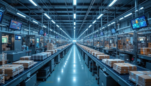 Modern Warehouse Interior with Automated Machinery and Packages