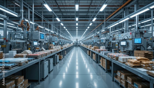 High-Tech Warehouse Interior with Automated Packing Stations