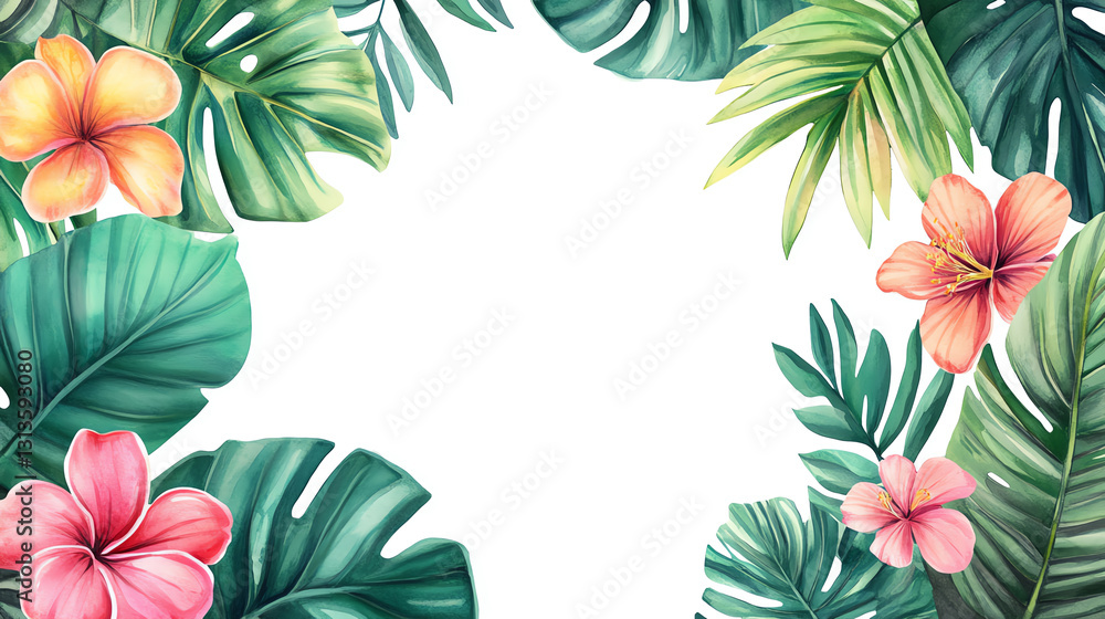 A vibrant illustration featuring tropical leaves and colorful flowers, creating a lively frame A vibrant illustration featuring tropical leaves and colorful flowers, creating a lively frame