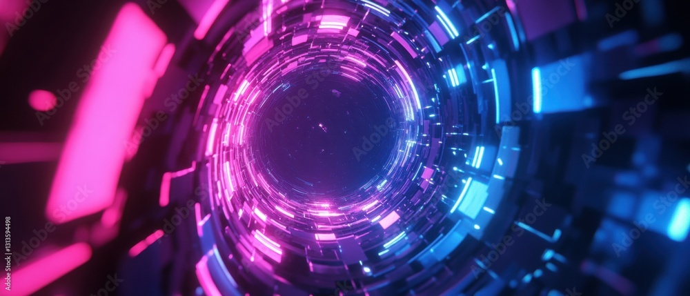 Obraz premium Futuristic neon tunnel with swirling lights and abstract patterns, showcasing a vibrant interplay of colors in a digital space environment