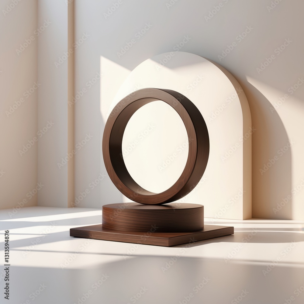 Εκτύπωση καμβά Abstract Wooden Sculpture of Geometric Shapes on Platform in Minimalist Interior