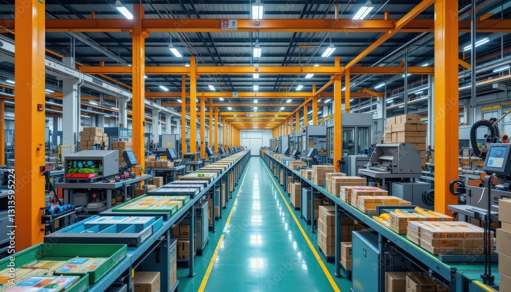 Modern Warehouse Interior with Automated Packaging and Storage Systems Modern Warehouse Interior with Automated Packaging and Storage Systems