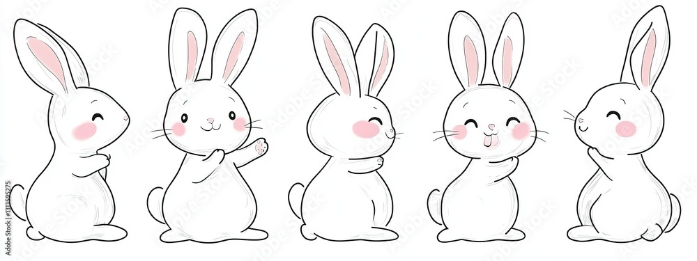 Set of Cute White Rabbit Line Doodle Vector Illustrations, Simple Flat Color Design, Multiple Poses, Clip Art Sticker Sheet, White Background Set of Cute White Rabbit Line Doodle Vector Illustrations, Simple Flat Color Design, Multiple Poses, Clip Art Sticker Sheet, White Background