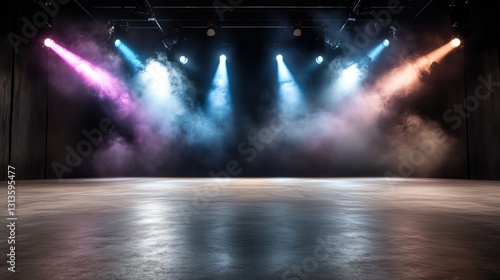 Bright colored lights illuminate an empty stage, creating a lively atmosphere. floor glistens under the beams while smoke enhances the dramatic effect. Ideal setting for a performance