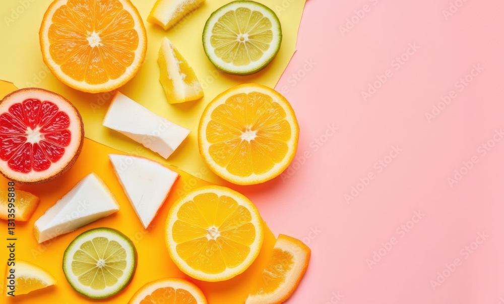 Vibrant citrus fruits on pastel backdrop Vibrant citrus fruits on pastel backdrop