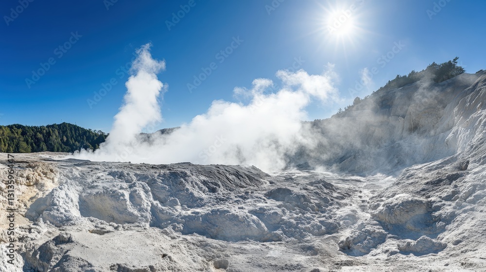 Panoramic view of geothermal area with steam rising, surrounded by lush greenery and blue sky Panoramic view of geothermal area with steam rising, surrounded by lush greenery and blue sky