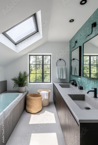 Modern Bright Bathroom with Skylight and Aqua-Tiled Accent Wall Featuring Dual Sinks  Bathtub  and Natural Elements for a Serene Atmosphere