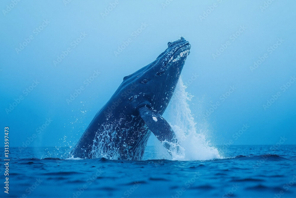Fototapeta premium Humpback whale breaching the surface of the ocean.