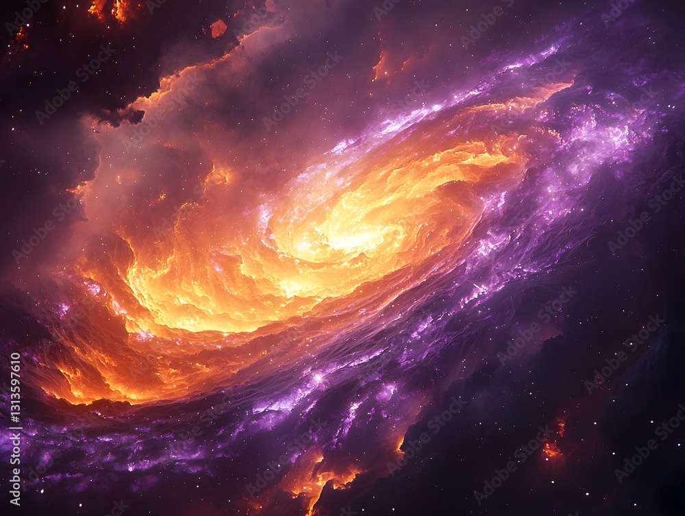 Obraz premium Swirling Cosmic Cyclone Vibrant Orange and Violet Nebula with Gleaming Stars in the Depths of Space