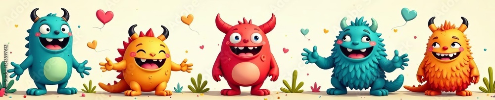 Playful monsters in bright colors on a seamless background, childlike, funny Playful monsters in bright colors on a seamless background, childlike, funny