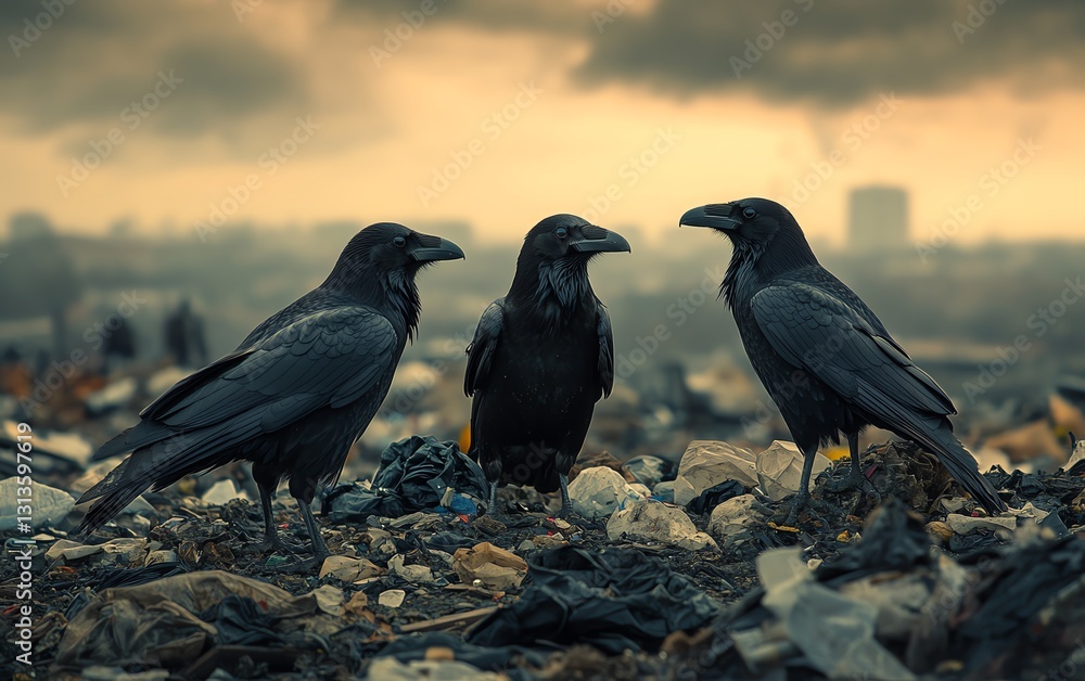 Three crows on a trash heap, with discarded plastic and debris surrounding them, under a heavy, cloudy sky, conveying the destructive impact of pollution on nature Three crows on a trash heap, with discarded plastic and debris surrounding them, under a heavy, cloudy sky, conveying the destructive impact of pollution on nature