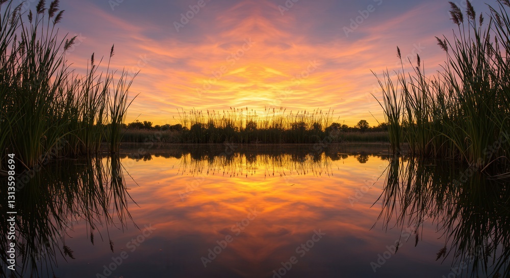 Sunset Reflection on Calm Lake with Tall Grasses and Dramatic Sky Sunset Reflection on Calm Lake with Tall Grasses and Dramatic Sky