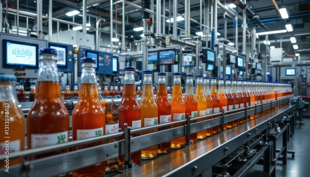 Industrial beverage production line with bottles on conveyor belt Industrial beverage production line with bottles on conveyor belt