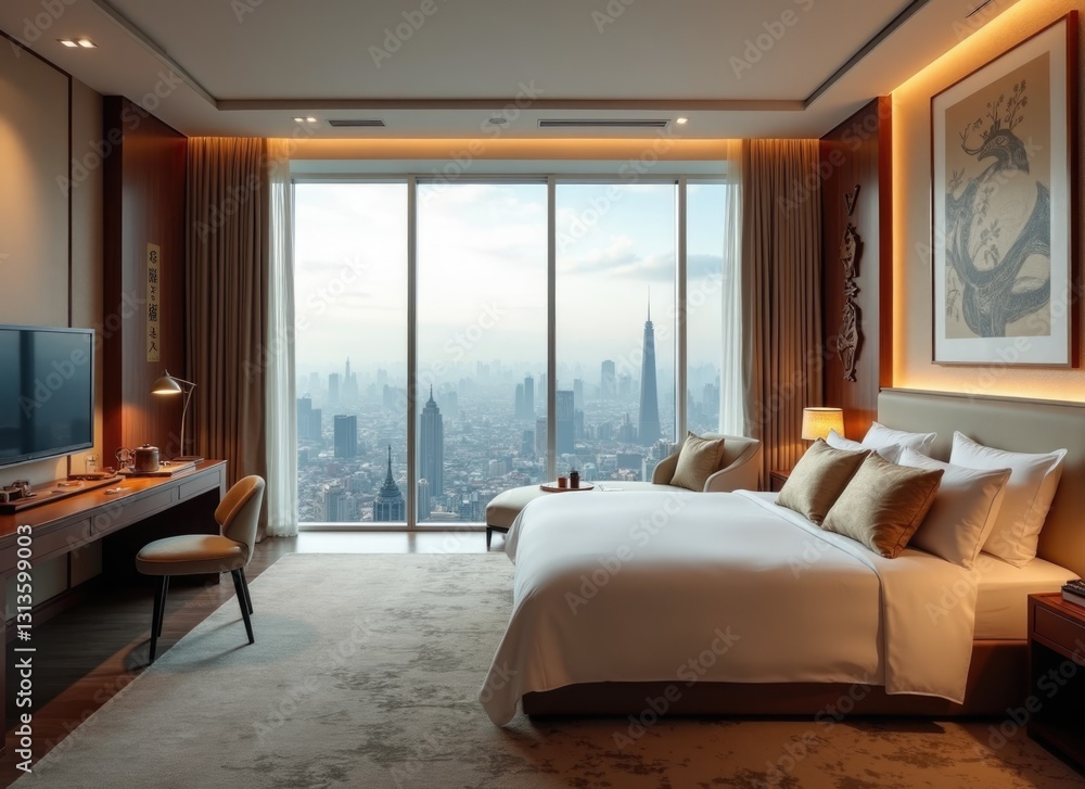 Fototapeta premium bedroom in skyscarper or hotel room with panoramic window in asian style