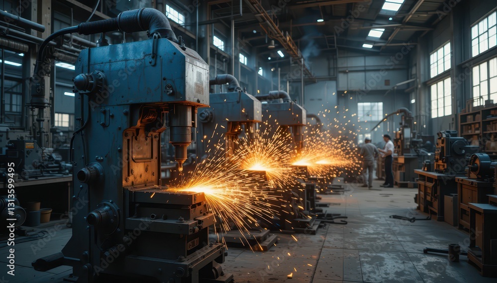 Industrial Metal Workshop with Sparks and Machinery in Action Industrial Metal Workshop with Sparks and Machinery in Action