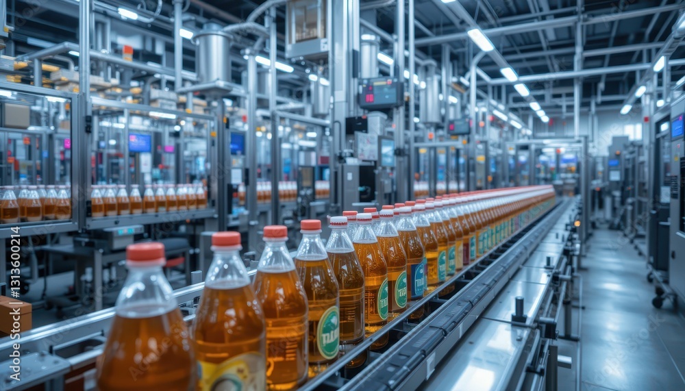 Industrial Beverage Production Line with Bottles and Machinery Industrial Beverage Production Line with Bottles and Machinery