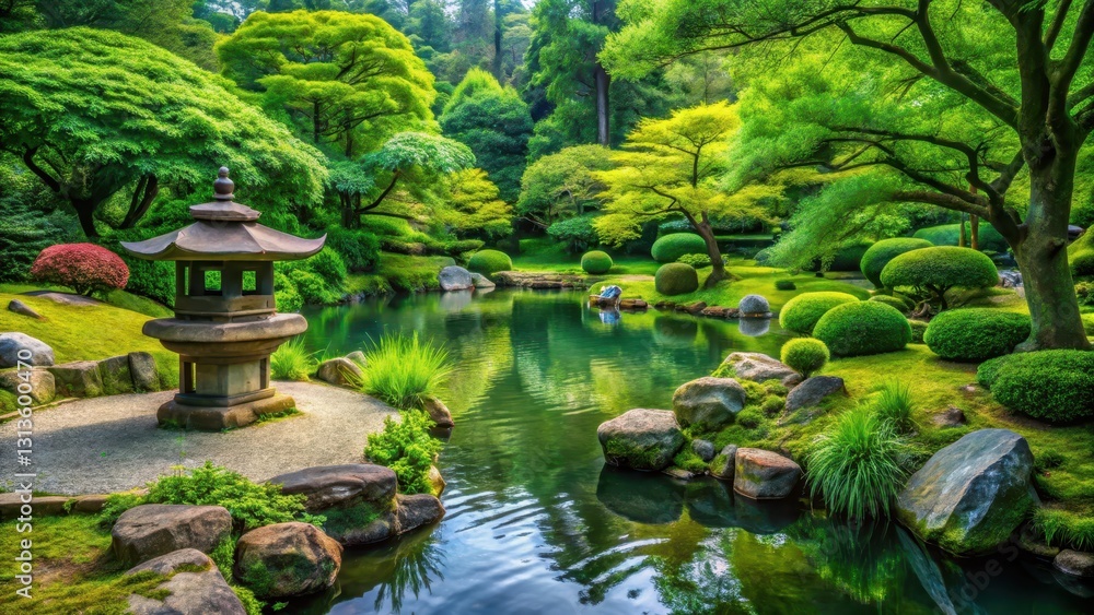 Serene water features in a Japanese-style garden surrounded by lush greenery and towering trees, stone lantern Serene water features in a Japanese-style garden surrounded by lush greenery and towering trees, stone lantern