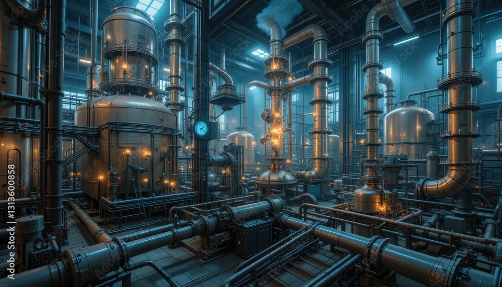Industrial Factory Interior with Pipes and Machinery in Blue Light Industrial Factory Interior with Pipes and Machinery in Blue Light