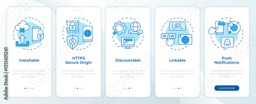 Characteristic of PWAs blue onboarding mobile app screen. Walkthrough 5 steps editable graphic instructions with linear concepts. UI, UX, GUI template. Montserrat SemiBold, Regular fonts used