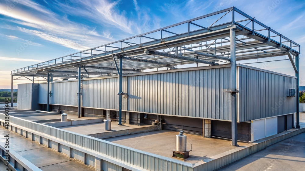 A large flat roof with industrial-style metal beams and pipes, surrounded by a high wall, with a few large vents and a slight incline towards the edge, flat roof, metal beams A large flat roof with industrial-style metal beams and pipes, surrounded by a high wall, with a few large vents and a slight incline towards the edge, flat roof, metal beams