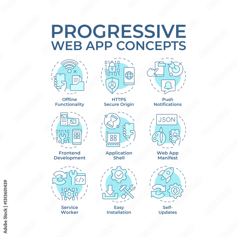 Progressive web app soft blue concept icons. Platform based applications development of PWA. Software and technology. Icon pack. Vector images. Round shape illustrations for brochure. Abstract idea Progressive web app soft blue concept icons. Platform based applications development of PWA. Software and technology. Icon pack. Vector images. Round shape illustrations for brochure. Abstract idea