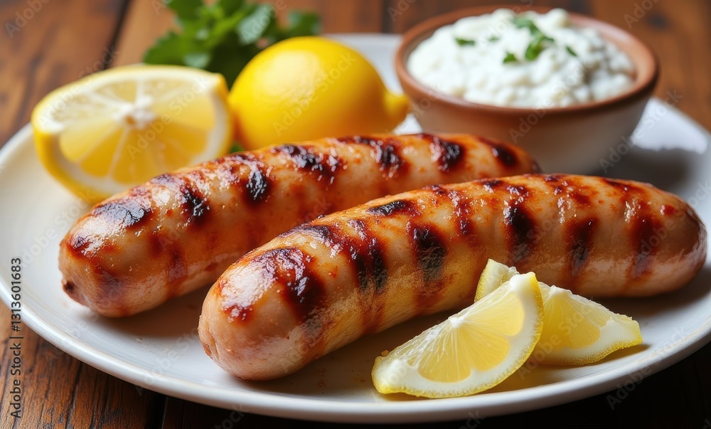 Grilled sausages with lemon slices Grilled sausages with lemon slices