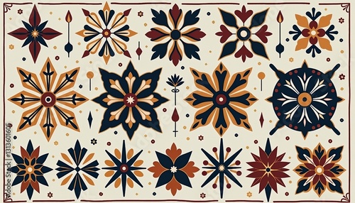 Slavic patterns featuring colorful flowers and stars, traditional decorative art on a light background
