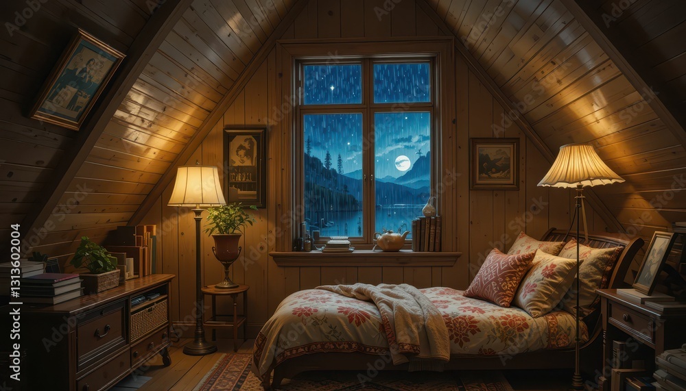 Cozy attic bedroom with scenic night view and rainfall effect Cozy attic bedroom with scenic night view and rainfall effect