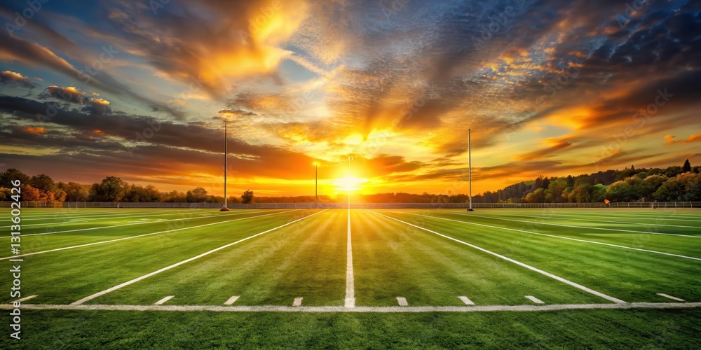 Φωτογραφία Football field at sunset with warm orange light and golden hues , sports field,