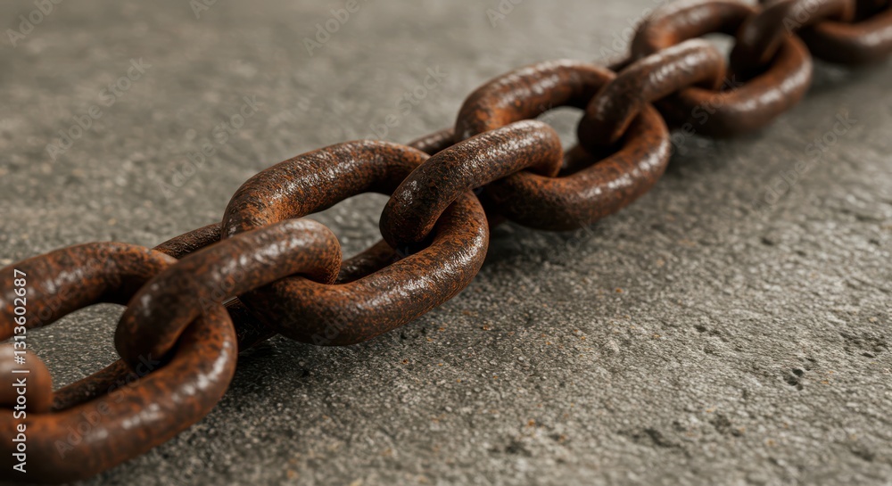 Rusty Metal Chain on Concrete Surface Showing Strength and Age Rusty Metal Chain on Concrete Surface Showing Strength and Age