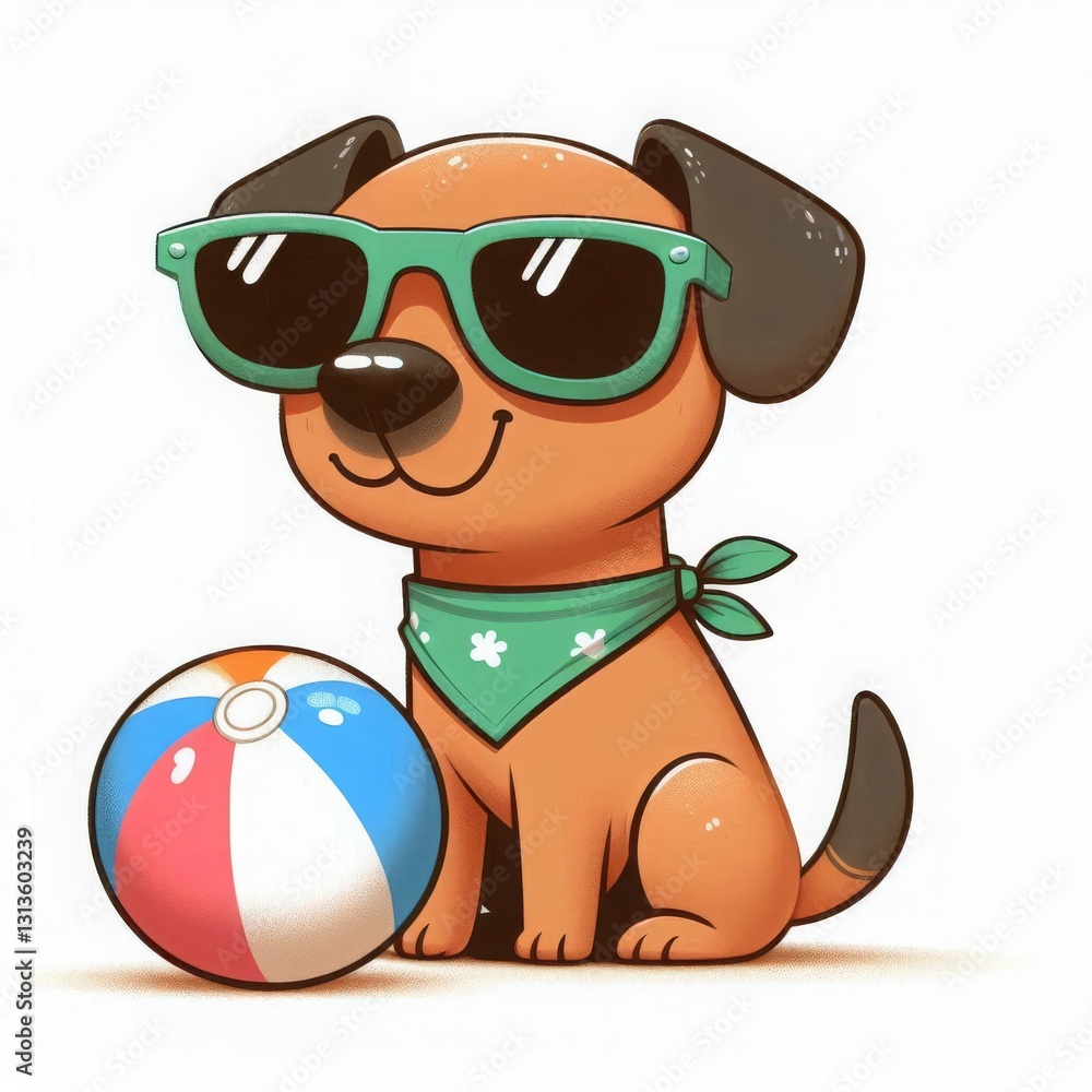 Naklejka premium Dog with green sunglasses and bandana, holding beach ball