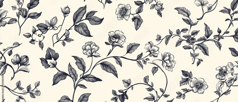 Elegant Floral Pattern with Delicate Leaves and Flowers in Monochrome on Neutral Background for Textile Design and Home Decor Elegant Floral Pattern with Delicate Leaves and Flowers in Monochrome on Neutral Background for Textile Design and Home Decor