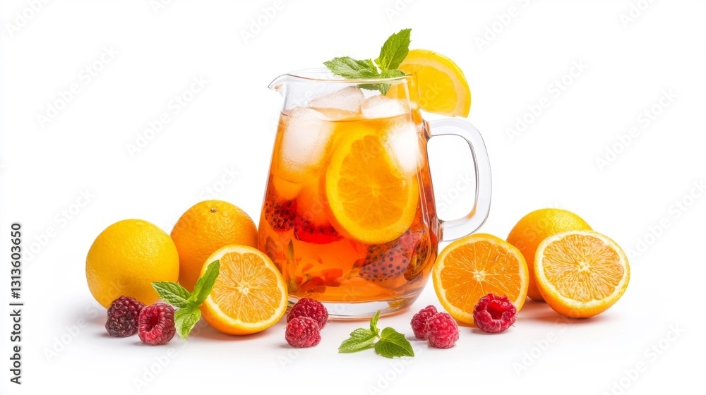 Refreshing Fruit-Infused Iced Tea in a Pitcher with Ice and Mint. Generative AI Refreshing Fruit-Infused Iced Tea in a Pitcher with Ice and Mint. Generative AI