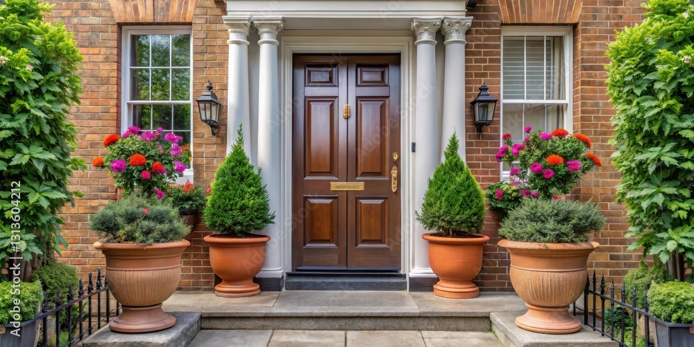 Fototapeta premium Elegant entrance with modern front door and lush flower pots