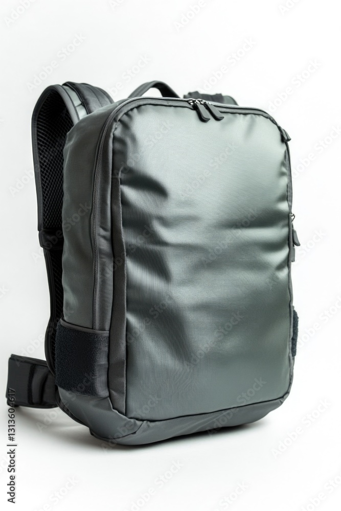 Naklejka premium A black backpack with a silver design on it. The backpack is made of a shiny material and has a zipper pocket
