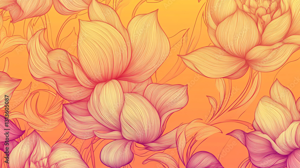 A colorful illustration of delicate flowers against a warm gradient background, showcasing intricate details and soft hues of pink and orange A colorful illustration of delicate flowers against a warm gradient background, showcasing intricate details and soft hues of pink and orange