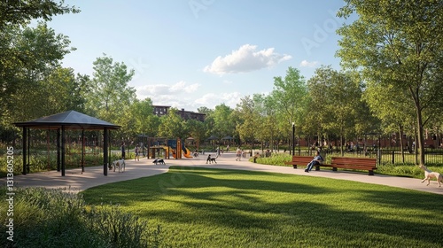 Fototapeta Naklejka Na Ścianę i Meble -  A panoramic view of a relaxing dog park with play areas and owners walking dogs. Generative AI